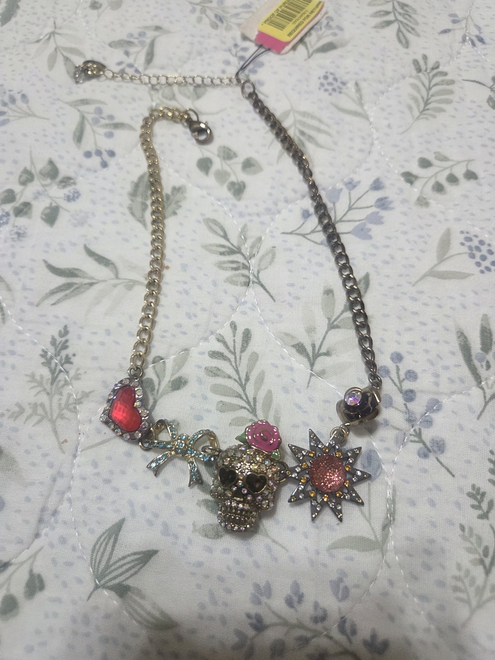 Betsey Johnson Gold-Tone Skull Necklace with Pink and Red Accents